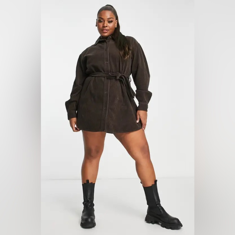 ASOS Curve Belted Long Sleeve Cotton Corduroy Shirtdress